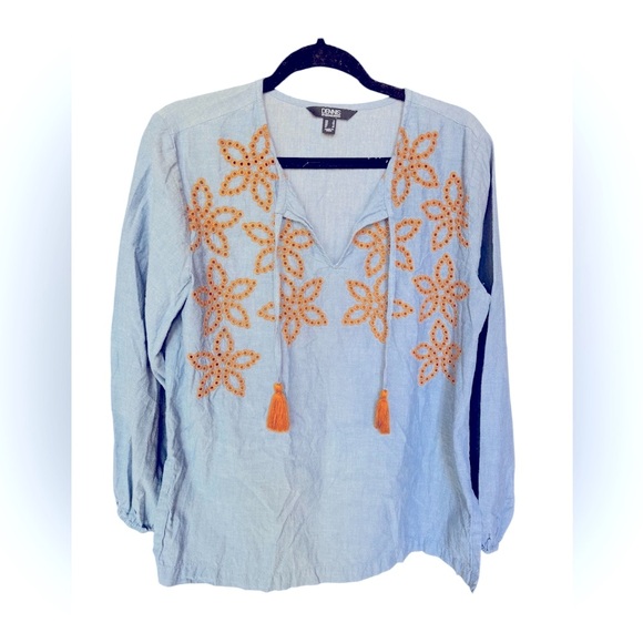 dennis basso Tops - Dennis Basso Chambray Tunic with Eyelet Orange Embroidery